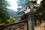  1boy bare_arms bare_shoulders baseball_cap black_shirt brown_hair building camera day facing_away gaou green_headwear green_pants hands_up hat higurashi_no_naku_koro_ni holding holding_camera male_focus mountain outdoors pants railing shirt sleeveless sleeveless_shirt solo standing tomitake_jirou tree watch wristwatch 