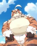  2020 4:5 absurd_res anthro belly blue_eyes blush bulge clothing felid hi_res hombretigre humanoid_hands male mammal moobs nipples outside overweight overweight_anthro overweight_male pantherine qqmelon888 solo swimwear tiger tokyo_afterschool_summoners video_games 