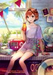  1girl artist_name asatani_tomoyo beach braid brown_eyes brown_hair commentary cup drink drinking_straw fan hairband holding holding_cup horizon indoors jar lifebuoy looking_at_viewer ocean original palm_tree pennant plant radio short_hair shorts side_braid sitting sky smile solo summer suspender_shorts suspenders tree 
