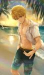  1boy arthur_pendragon_(fate) bare_chest beach bird blonde_hair blue_shorts bracelet cloud cowboy_shot craft_essence fate/grand_order fate/prototype fate_(series) floral_print green_eyes hero_on_the_beach jacket jewelry kouzuki_kei looking_at_viewer male_focus male_swimwear necklace official_art open_clothes open_jacket outdoors palm_tree print_shorts seagull shorts sky smile solo standing summer sunset swim_trunks swimwear tree water white_jacket 