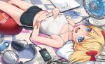  1girl absurdres blonde_hair blue_eyes bow coffee_mug cup electric_fan hair_bow headphones highres looking_at_viewer lying midriff mug navel on_back open_mouth phone pillow short_shorts short_twintails shorts slumcat smile solo twintails 