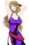  1girl armpits arms_behind_head arms_up blonde_hair bonne_jenet bracelet breasts choker grin highres jewelry large_breasts long_hair mark_of_the_wolves osakana_e purple_eyes smile solo 