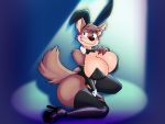  4:3 abstract_background anthro armwear big_breasts big_butt black_nose blush bow_tie breasts brown_body brown_fur bunny_costume bunny_ears_(cosmetic) butt canid canine canis cleavage clothed clothing colored_nails costume curvaceous curvy_figure domestic_dog dracojeff elbow_gloves embarrassed female fingerless_gloves fluffy fluffy_tail footwear fur generic_background gloves handwear high_heeled_sandals high_heels hourglass_figure humanoid ian_(disambiguation) kneeling legwear leotard mammal nails nervous_smile notched_ear on_ground platform_footwear platform_heels playboy_bunny shirt_cuffs shoes solo spotlight thick_thighs thigh_highs voluptuous wide_hips 