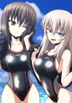  2girls bangs black_swimsuit black_towel blue_eyes blue_sky breasts brown_eyes brown_hair cloud cloudy_sky competition_swimsuit covered_navel day drying eyebrows_visible_through_hair girls_und_panzer half-closed_eyes highres holding holding_towel insignia itsumi_erika kamishima_kanon large_breasts looking_at_viewer medium_hair multiple_girls nishizumi_maho ocean one-piece_swimsuit one_eye_closed open_mouth outdoors parted_lips shiny_swimsuit short_hair silver_hair sky smirk standing swimsuit towel 