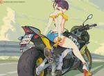  1girl bare_shoulders black_hair black_panties breasts cutesexyrobutts from_behind ground_vehicle highres kamitsure_(pokemon) license_plate looking_at_viewer looking_back motor_vehicle motorcycle panties pokemon pokemon_(game) pokemon_bw short_shorts shorts solo thong underboob underwear 