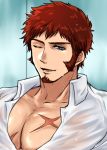  1boy brown_hair chest commentary_request facial_hair fate/grand_order fate_(series) katou_ameya looking_at_viewer male_focus muscle napoleon_bonaparte_(fate/grand_order) open_clothes open_mouth open_shirt pectorals scar shirt solo wet wet_clothes wet_hair wet_shirt wet_t-shirt 