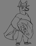  anthro body_pillow bottomwear canid canine canis clothed clothing dobermann domestic_dog fedora fully_clothed hat headgear headwear humor laverne_junior male mammal monochrome overweight overweight_anthro overweight_male pants parody pillow pinscher shirt slightly_chubby solo t-shirt tabuley topwear 