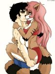  anthro athletic black_hair brown_body brown_fur canid canine canis clothing couple_(disambiguation) dav domestic_dog duo female fox fur green_eyes hair half_naked hi_res human human_on_anthro interspecies long_tail love male male/female mammal mostly_nude multicolored_body multicolored_fur muscular panties pink_hair purple_hair romance romantic simple_background unamed_ocs underwear white_body wolf yellow_eyes 