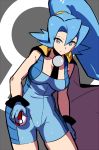  1girl bangs blue_eyes blue_gloves blue_hair bodysuit breasts cape commentary_request earrings eyebrows_visible_through_hair eyelashes gloves gym_leader hair_between_eyes hair_tie holding holding_poke_ball ibuki_(pokemon) impossible_clothes jewelry large_breasts long_hair parted_lips poke_ball poke_ball_(basic) pokemon pokemon_(game) pokemon_hgss ponytail sakuraidai shiny shiny_skin smile solo tied_hair 