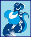  absurd_res anthro big_breasts blue_background blue_border border breasts cobra female hi_res holding_breast huge_breasts kaithunderstone75 looking_at_viewer non-mammal_breasts nude reptile scalie simple_background snake solo 