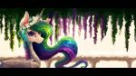  16:9 black_bars equid feathered_wings feathers female flower flower_crown friendship_is_magic hair hasbro hi_res horn letterbox looking_at_viewer mammal multicolored_hair my_little_pony plainoasis plant princess_celestia_(mlp) purple_eyes semi-anthro solo widescreen winged_unicorn wings 