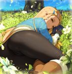  1girl ass blonde_hair blue_sky cameltoe fingerless_gloves flower gloves grass green_eyes letdie1414 long_hair looking_at_viewer lying on_side pants pointy_ears princess_zelda sky smile solo the_legend_of_zelda the_legend_of_zelda:_breath_of_the_wild tight tight_pants tree 
