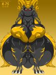  3:4 absurd_res anthro big_breasts breasts capcom crouching elder_dragon female gradient_background hi_res huge_breasts kaithunderstone75 kulve_taroth monster_hunter nipple_outline red_eyes simple_background solo thick_thighs video_games yellow_background 