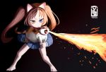  1girl animal animal_ears artist_logo bangs barefoot black_background blue_eyes blue_shirt blue_skirt brown_hair calico cat cat_ears cat_girl closed_mouth commentary fire flame flamethrower heterochromia highres holding holding_animal inuko_(voccu) light_brown_hair light_frown long_hair long_sleeves looking_to_the_side miniskirt multicolored_hair original pleated_skirt shirt skirt solo standing twintails two-tone_hair voccu weapon what yellow_eyes 