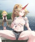  2girls abs alternate_costume ass_visible_through_thighs behind_another belt blonde_hair blood blue_shorts blush breasts collarbone constricted_pupils contemporary cropped_shirt cup day denim denim_shorts furrowed_eyebrows green_eyes high_ponytail horizon horns hoshiguma_yuugi long_hair looking_at_another looking_to_the_side medium_breasts midriff mizuhashi_parsee multiple_girls navel nose_blush nosebleed ocean oni outdoors pointy_ears pulled_by_self red_eyes shirt shirt_pull short_shorts short_sleeves shorts single_horn sitting skirt slit_pupils solo_focus spread_legs standing stomach summer sunyup sweat thighs tied_shirt toned touhou turtleneck water yuri 