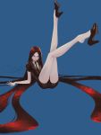  1other absurdly_long_hair androgynous black_hair black_neckwear black_shorts blue_background bort collared_shirt gem_uniform_(houseki_no_kuni) high_heels highres houseki_no_kuni legs_up long_hair looking_at_viewer necktie ojo_aa puffy_short_sleeves puffy_sleeves shirt shoes short_shorts short_sleeves shorts solo very_long_hair white_shirt 