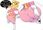  &lt;3 absurd_res anthro big_butt butt clothing dialogue domestic_cat felid feline felis female gloves handwear hi_res lilly_(vimhomeless) mammal one_eye_closed pink_clothing simple_background solo speech_bubble thick_thighs tight_clothing vimhomeless wedgie white_background wide_hips 