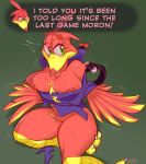  2020 angry anthro areola avian backpack banjo-kazooie barely_visible_genitalia beak big_breasts blush bodily_fluids breasts breegull chest_tuft cross-popping_vein dialogue dialogue_box english_text feathers female genitals green_background green_eyes hi_res kazooie mostly_nude motion_lines nipple_slip nipples non-mammal_breasts onae pussy rareware red_body red_feathers simple_background sitting solo squish sweat text tuft vein video_games wide_hips yellow_beak 