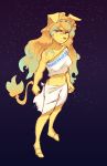  2020 anthro blonde_hair blue_eyes breasts brown_nose canid canine canis clothed clothing domestic_dog female fist fur hair long_hair mammal midriff navel omega_symbol ping-ether standing tail_tuft tuft yellow_body yellow_fur 