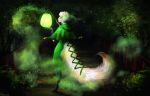  2018 anthro blizzard_entertainment bridge clothing cloud dd digital_media_(artwork) digital_painting_(artwork) female forest full-length_portrait golden_accessories green_clothing hair humanoid magic mammal night paper_lantern portrait rizonik solo sparkles tree video_games warcraft white_hair widescreen 