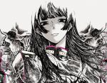  1girl bangs blunt_bangs chromatic_aberration closed_mouth greyscale hatching hatching_(texture) highres jirou_2018 long_hair looking_at_viewer microphone monochrome original skull solo spot_color traditional_media uniform 
