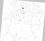 2020 anthro belly bodily_fluids eyes_closed flaccid genitals hi_res kemono male mammal monochrome moobs navel nipples overweight overweight_anthro overweight_male penis simple_background solo suishou0602 sun sweat text ursid 