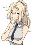  1girl bangs blonde_hair blush collar collared_shirt eyebrows_visible_through_hair eyes_visible_through_hair hair_between_eyes high_ponytail hornet_(kantai_collection) kantai_collection looking_at_viewer necktie shigure_ryuunosuke shirt sleeveless solo white_shirt 