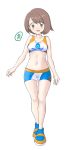  1girl absurdres ass_visible_through_thighs bangs blush bob_cut breasts brown_eyes brown_hair collarbone commentary_request cosplay eyebrows_visible_through_hair full_body gym_trainer_(pokemon) gym_trainer_(pokemon)_(cosplay) highres knees midriff navel open_mouth pokemon pokemon_(game) pokemon_swsh shiny shiny_hair shoes short_hair simple_background solo swimsuit swimwear tankini tax2rin thigh_gap white_background yuuri_(pokemon) 