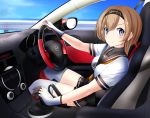  1girl absurdres between_breasts black_skirt blue_eyes blue_sky breasts car_interior driving highres kantai_collection large_breasts light_brown_hair looking_at_viewer mazda miniskirt over-kneehighs pov safety_belt school_uniform serafuku skirt sky smile teruzuki_(kantai_collection) thighhighs two-tone_gloves user_jkkd3438 white_legwear 