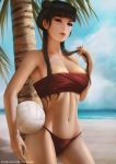  1girl avatar:_the_last_airbender avatar_(series) ball bandeau beach bikini black_hair blue_sky breasts brown_eyes cleavage cloud double_bun english_commentary hair_twirling highres holding holding_ball large_breasts looking_at_viewer mai_(avatar) midriff navel ocean palm_tree patreon_username red_bikini short_hair_with_long_locks sky solo standing strapless swimsuit tree tubetop volleyball watermark web_address yupachu 