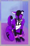  anthro bdsm bdsm_gear bondage bondage_gear bound canid canine canis cuffs_(clothing) domestic_dog elkhound erganyfox gear harness hi_res kneeling male mammal muzzle_(object) muzzled pawalo pink_cuffs solo spitz submissive submissive_anthro submissive_male 