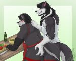  5:4 anthro apron apron_only canid canine canis clothing duo hairy hi_res hybrid kitchen krousser krowlfer likangel male male/male mammal mostly_nude salad selfcest square_crossover teeth_showing tsundere ursid were werecanid werecanine werewolf wolf 
