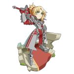  1girl armor blonde_hair breastplate clarent commentary_request fate/apocrypha fate_(series) gauntlets green_eyes highres holding holding_sword holding_weapon leg_armor looking_at_viewer matoi92 mordred_(fate) mordred_(fate)_(all) ponytail shoulder_armor simple_background solo standing sword weapon white_background 