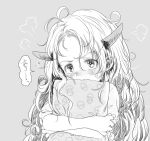  1girl anger_vein blush bosako_(haguhagu) covered_mouth grey_background haguhagu_(rinjuu_circus) holding horns long_hair looking_at_viewer messy_hair original pillow pillow_hug solo upper_body 