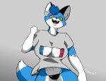  anthro big_ears bikini bikini_bottom blue_body breasts canid canine clothing diamonsion female fox green_eyes mammal nintendo open_mouth shirt simple_background smile solo swimwear switch topwear video_games 