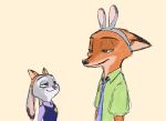  2020 anthro canid canine clothed clothing disney disney_kogaki duo ears_back ears_down eyes_mostly_closed fake_ears fake_fox_ears fake_rabbit_ears female fox fur grey_body grey_fur hi_res judy_hopps lagomorph leporid looking_at_another male mammal narrowed_eyes necktie nick_wilde orange_body orange_fur pivoted_ears rabbit red_fox shirt simple_background smile tan_background topwear zootopia 