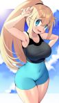  1girl :d armpits blonde_hair blue_eyes blue_sky blush bodysuit breasts cleavage covered_navel highres iroyopon large_breasts looking_at_viewer multicolored multicolored_bodysuit multicolored_clothes open_mouth ponytail sky smile solo sweat swimsuit wide_hips 