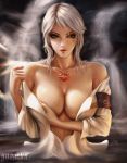 1girl breasts ciri collarbone covering covering_breasts english_commentary facial_scar green_eyes huge_breasts jewelry looking_at_viewer necklace open_clothes open_shirt partially_submerged scar shirt short_hair silver_hair solo the_witcher the_witcher_3 undressing wet white_shirt yupachu 