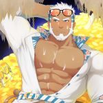  1boy abs aegir_(tokyo_houkago_summoners) bara beard blue_eyes chest cropped cum dark_skin dark_skinned_male earrings eyewear_on_head facial_hair highres jewelry long_sleeves looking_at_viewer male_focus multicolored_hair muscle nipples open_clothes open_shirt pectorals sexually_suggestive shirt simple_background smile solo tokyo_houkago_summoners upper_body white_hair zifuuuun 