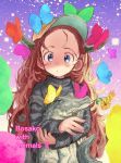  1girl :o animal artist_name baseball_cap blue_eyes bosako_(haguhagu) brown_hair brown_headwear bug butterfly crocodile crocodilian flower_in_mouth grey_sweater haguhagu_(rinjuu_circus) hat holding holding_animal horns insect long_hair long_sleeves looking_at_viewer mouth_hold original parted_lips solo sweater very_long_hair 