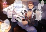  1boy abs absurdres alu379 bar_censor bara beard bed boots censored chaldea_uniform chest commentary_request english_text engrish_text epaulettes facial_hair fate/grand_order fate_(series) fujimaru_ritsuka_(male) highres male_focus male_masturbation masturbation muscle napoleon_bonaparte_(fate/grand_order) pants pectorals penis ranguage saint_quartz scar smile stuffed_toy teeth uniform 