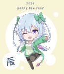  1girl 2024 ;d assault_lily black_footwear blue_hair blue_jacket blush bow braid brown_pantyhose chibi chinese_zodiac commentary_request dragon_tail fang full_body garter_straps green_bow hair_between_eyes hair_bow hand_up happy_new_year inoguchi_minto jacket leg_up long_hair long_sleeves looking_at_viewer low_wings mini_wings mori_tatsuki one_eye_closed outstretched_arm pantyhose pink_wings purple_eyes shoes sidelocks sleeves_past_wrists smile solo standing standing_on_one_leg tail thighband_pantyhose translated twin_braids two-tone_background white_background wings year_of_the_dragon yellow_background 