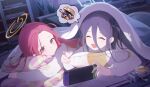  2girls absurdly_long_hair absurdres aris_(blue_archive) black_hair blue_archive closed_eyes closed_mouth green_halo halo highres indoors long_hair long_sleeves lying multiple_girls nintendo_switch on_stomach open_mouth orange_halo purple_eyes red_hair smile soeyumi very_long_hair yuzu_(blue_archive) 