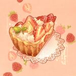  artist_name commentary english_commentary english_text food food_focus fruit fruit_tart highres lace leaf nao_(bestrollever) napkin no_humans original pie pie_slice pink_background starry_background still_life strawberry strawberry_background strawberry_slice tart_(food) whipped_cream 