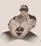  1boy :q animal_ears bara barbell_piercing bare_pectorals baseball_cap bear_boy bear_ears beard beard_stubble belly body_fur clothes_lift cropped_legs earrings facial_hair filia_(bananafilia) forearms full_beard hair_over_eyes hairy hand_hair hands_on_own_crotch hat heart heart_hands highres jewelry knuckle_hair large_pectorals leg_hair male_focus male_underwear male_underwear_peek mastectomy_scar mature_male muscular muscular_male navel_hair nipples object_on_pectorals open_fly orange_male_underwear original pectorals piercing plump scar scar_on_chest shirt_behind_neck shirt_lift short_hair solo spread_legs thick_arm_hair thick_arms thick_chest_hair thick_navel_hair tongue tongue_out underwear v_arms 