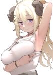  1girl animal_ears arm_under_breasts arm_up armpits blonde_hair blush breasts choker closed_mouth clothes_pull collarbone curled_horns double-parted_bangs hair_ornament highres hololive horns jewelry large_breasts long_hair looking_at_viewer mitsuru_(pixiv_34028718) official_alternate_costume purple_eyes ring sheep_ears sheep_girl sheep_horns shirt shirt_pull sidelocks simple_background sketch sleeveless sleeveless_shirt smile solo tsunomaki_watame tsunomaki_watame_(amazing_swing) upper_body virtual_youtuber white_background white_shirt x_hair_ornament 