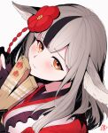  1girl animal_ears black_hair closed_mouth commentary_request fire_emblem fire_emblem_fates fire_emblem_heroes grey_hair hagoita highres japanese_clothes kimono long_hair looking_at_viewer multicolored_hair nakabayashi_zun official_alternate_costume orange_eyes orange_hair paddle red_kimono simple_background solo streaked_hair upper_body velouria_(fire_emblem) velouria_(new_year)_(fire_emblem) white_background wolf_ears 