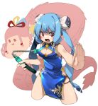  1girl alternate_costume animalization blue_dress blue_hair blush breasts bun_cover china_dress chinese_clothes chinese_zodiac cleavage_cutout clothing_cutout commentary_request cropped_legs datemegane double_bun dragon dress eastern_dragon fighting_stance glaring hair_bun hip_vent holding holding_nunchaku holding_weapon kotonoha_aoi large_breasts legs_apart looking_at_viewer nunchaku open_mouth outstretched_arm panty_straps red_eyes seyanaa side_slit sleeveless sleeveless_dress smile solo twintails v-shaped_eyebrows voiceroid weapon white_background year_of_the_dragon 