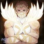  1boy bara brown_eyes brown_hair crossed_arms eikbyrnir_(fire_emblem) fire_emblem fire_emblem_heroes frown glowing glowing_wings highres looking_at_viewer male_focus mask mouth_mask muscular muscular_male pectoral_squeeze pectorals platinum_ami short_hair sleeveless solo straight-on thick_eyebrows upper_body wings 