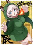  1girl 2024 alternate_costume animal_costume barefoot blue_eyes border breasts breathing_fire chinese_zodiac claw_pose commentary_request datemegane dragon_costume dragon_hood dragon_tail egasumi fire foreshortening from_above green_hoodie hands_up highres hood hood_up hoodie kizuna_akari large_breasts long_sleeves looking_at_viewer looking_up new_year no_pants outside_border seigaiha solo tail translation_request twitter_username uroko_(pattern) vocaloid voiceroid white_border white_hair year_of_the_dragon yellow_background 